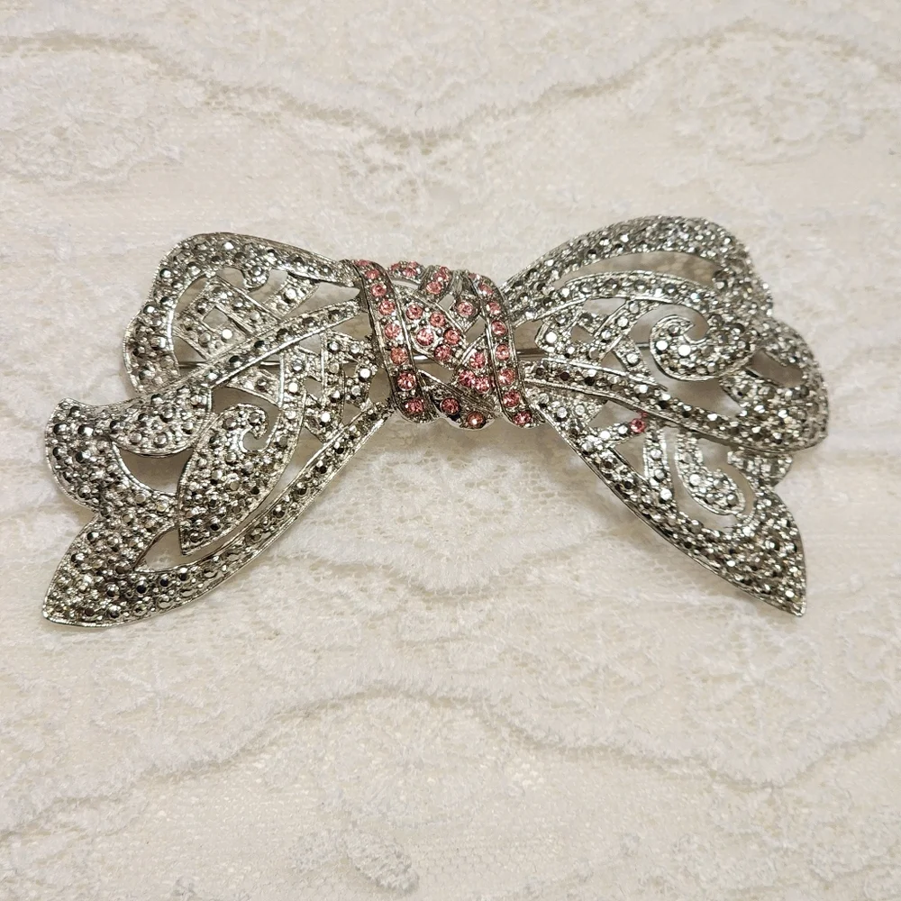 Vintage Bow Brooch Pin Silver Tone Marcasite with Pink Rhinestones